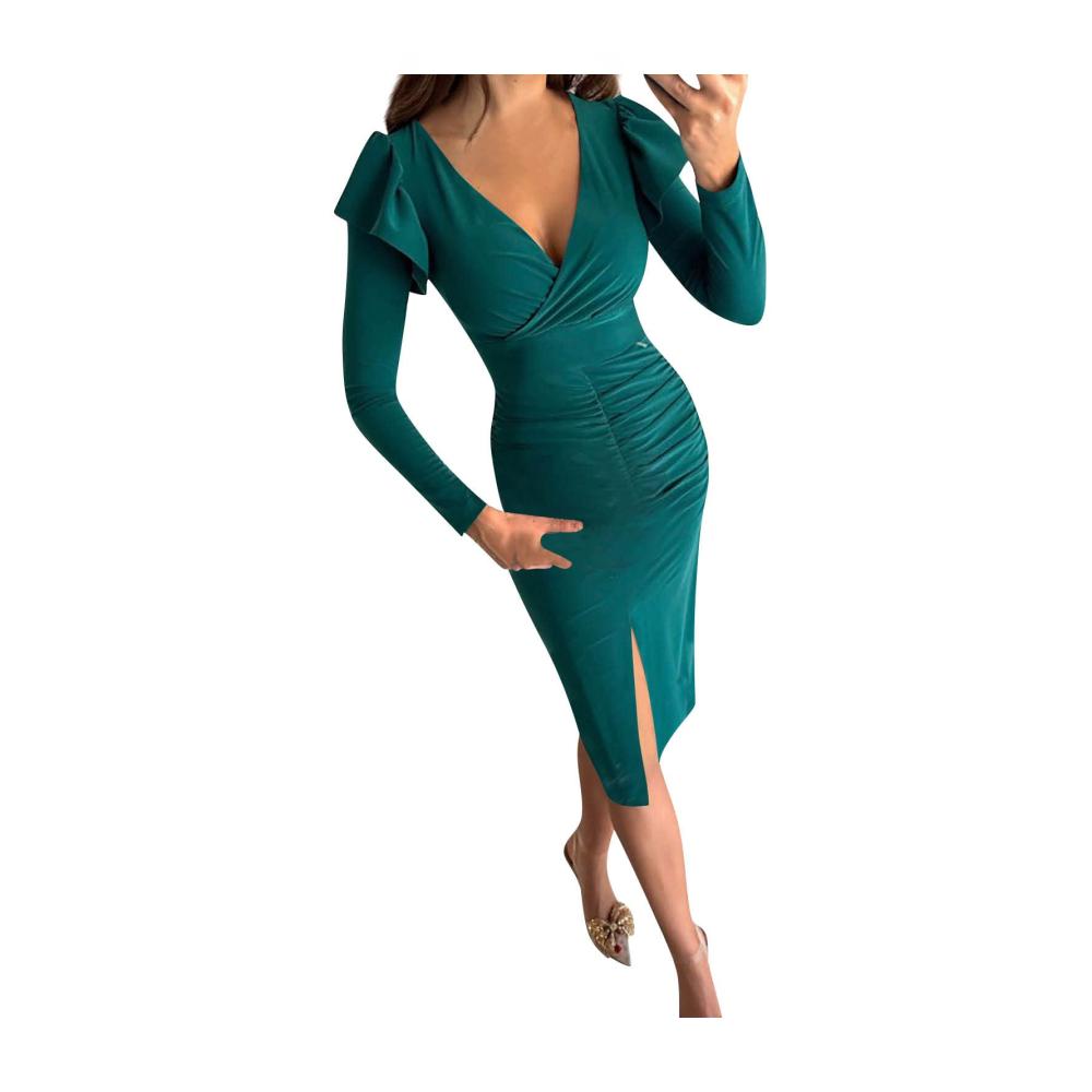01dunkelgrün Damen Elegant Strickkleid