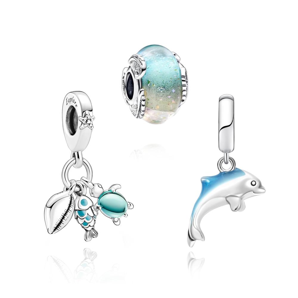 Dolphin Fish Sea Turtle Murano Glass & Curved Feather Charm