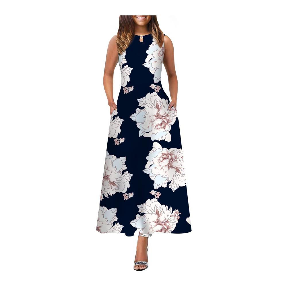 01-marine Sommerkleid Damen Lang