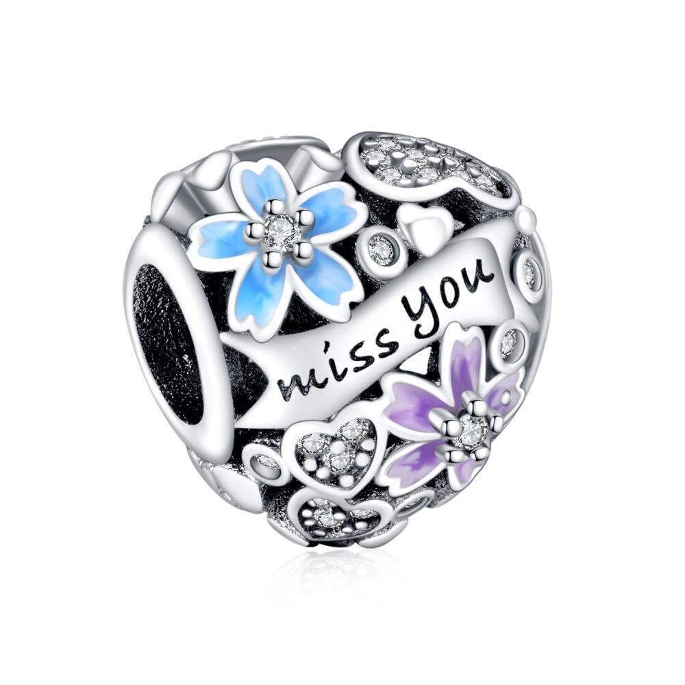 Miss You Heart Flower Dangle Charm
