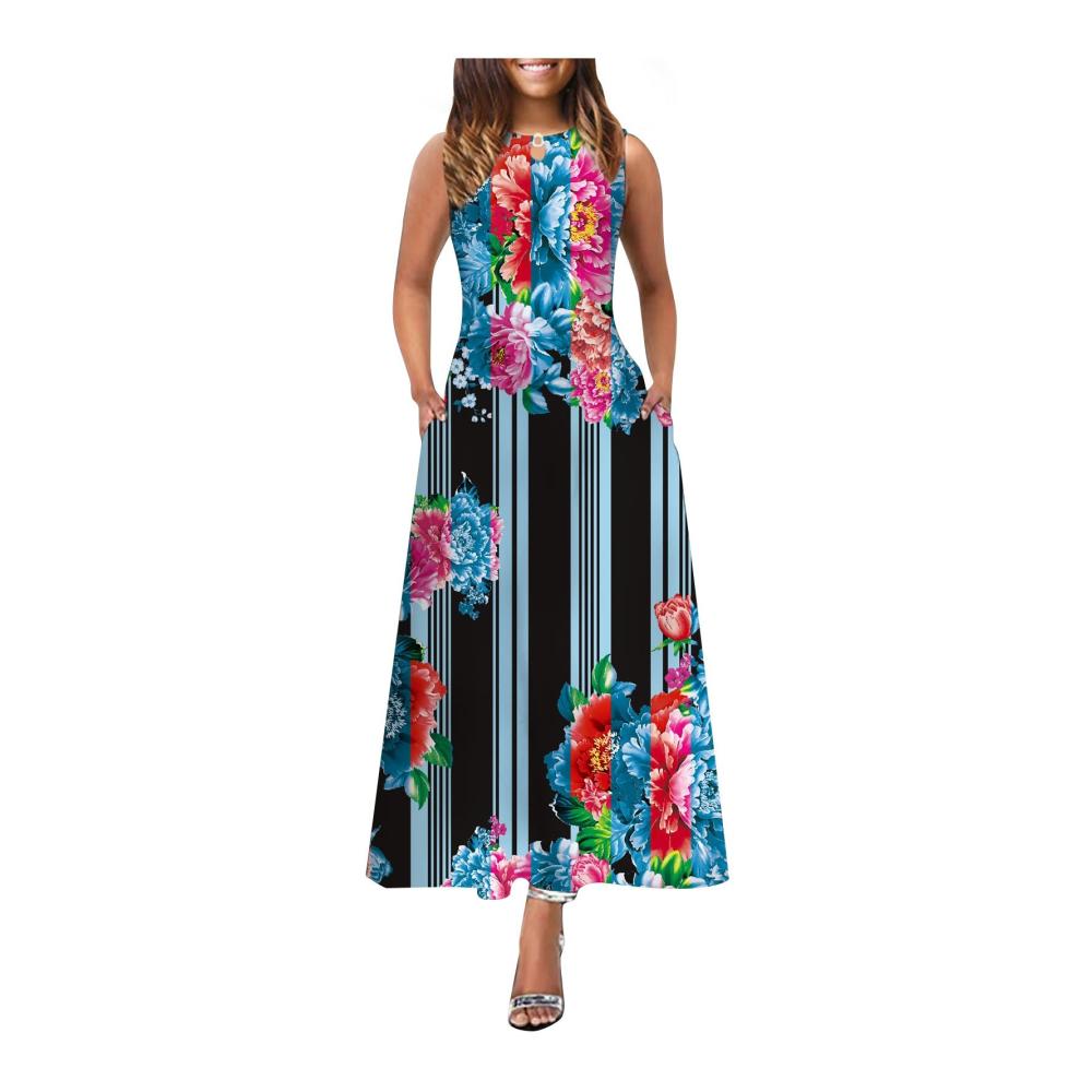 02-blau Sommerkleid Damen Lang